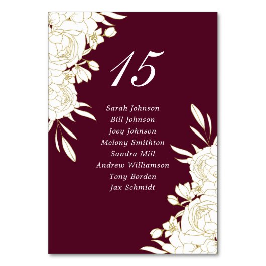 Elegant Burgundy Gold White Roses Names Wedding Tischnummer (Vorderseite)