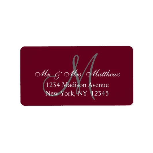 Elegant Burgundy Gray Monogram Wedding Address Adressaufkleber (Vorne)
