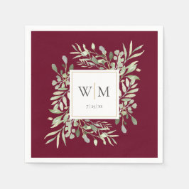 Elegant Burgundy Greenery Gold Monogram Serviette