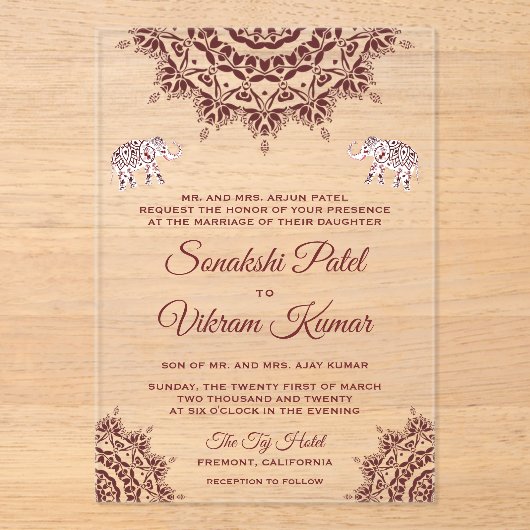 Elegant Burgundy Henna Indian Wedding Acryleinladungen (Vorderseite)