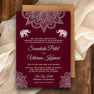 Elegant Burgundy Henna Indian Wedding Einladung