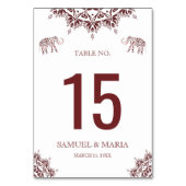 Elegant Burgundy Henna Indian Wedding Tischnummer (Vorderseite)