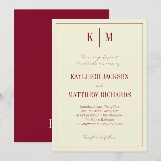 Elegant Burgundy Ivory Monogram Wedding Einladung (Vorne/Hinten)