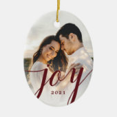 Elegant Burgundy Joy Script Foto Weihnachten Keramik Ornament (Vorne)