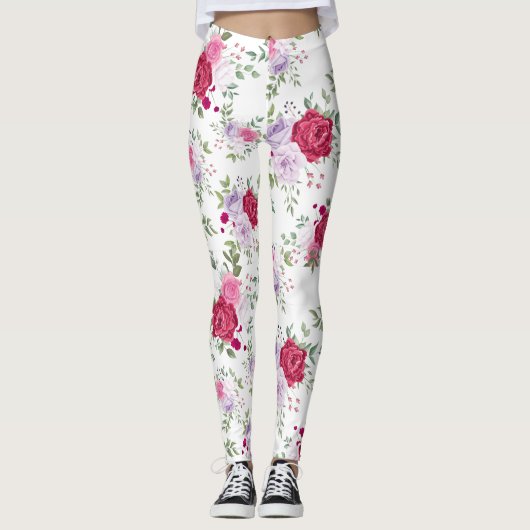 Elegant Burgundy & Lavender Floral Garden Pattern Leggings (Vorderseite)
