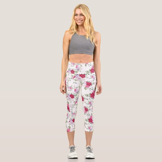 Elegant Burgundy & Lavender Floral Rose Pattern Capri Leggings (Vorderseite)