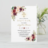 Elegant Burgundy Marsala Bloral Cross Taufe Einladung (Stehend Vorderseite)