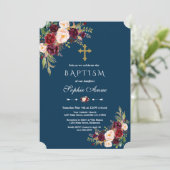 Elegant Burgundy Marsala Floral Navy Girl Taufe Einladung (Stehend Vorderseite)