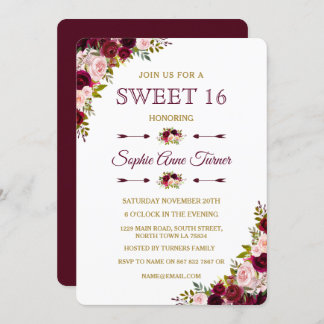 Elegant Burgundy Marsala Floral Sweet 16 Einladung