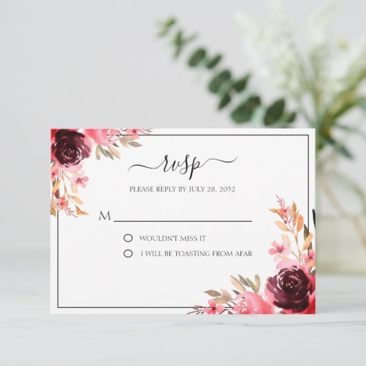 Elegant Burgundy Mauve RSVP Card (Stehend Vorderseite)