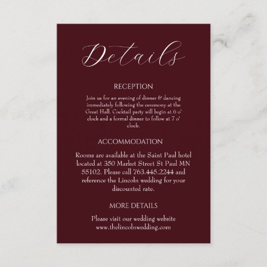 Elegant Burgundy Minimalist Wedding Begleitkarte (Vorderseite)
