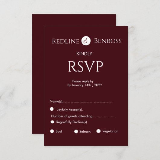 Elegant Burgundy Minimalist Wedding RSVP Karte (Vorne/Hinten)