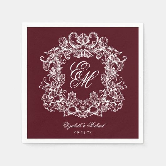 Elegant Burgundy Monogram Crest Script Wedding Serviette (Vorderseite)