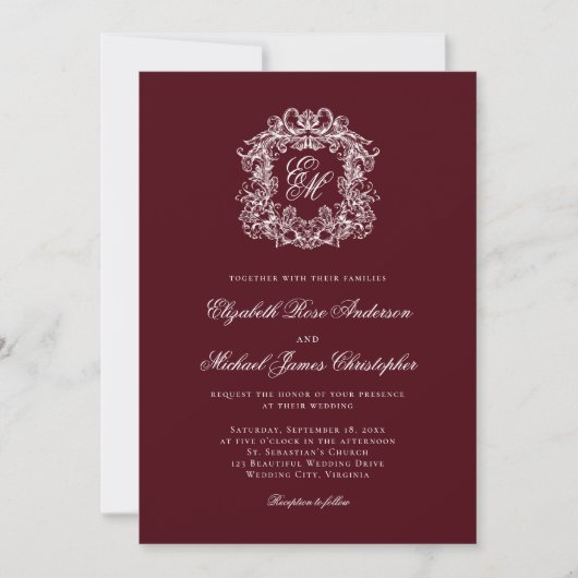 Elegant Burgundy Monogram Crest Wedding Einladung (Vorderseite)