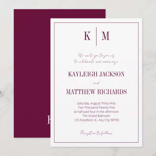 Elegant Burgundy Monogram Wedding  Einladung (Vorne/Hinten)