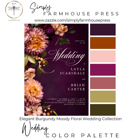 Elegant Burgundy Moody Floral Script Wedding Einladung