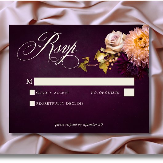 Elegant Burgundy Moody Floral Script Wedding RSVP Karte