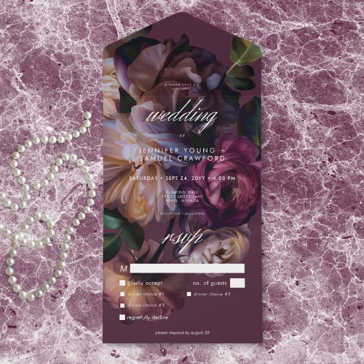 Elegant Burgundy Moody Floral Wedding Dinner All In One Einladung