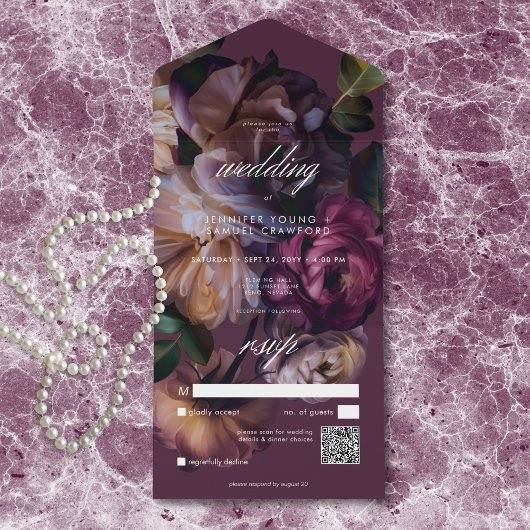 Elegant Burgundy Moody Floral Wedding QR Code All In One Einladung