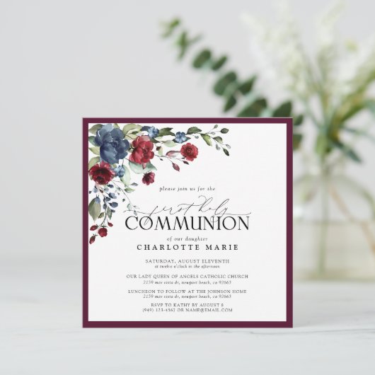 Elegant Burgundy Navy Blue First Heilige Kommune Einladung (Stehend Vorderseite)