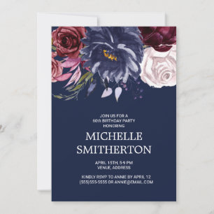 Elegant Burgundy Navy Blue Floral 60. Geburtstag Einladung