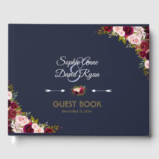 Elegant Burgundy Navy Blue Floral Wedding Gästebuch (Vorderseite)