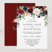 Elegant Burgundy Navy Blue Flowers Wedding Einladung (Vorne/Hinten)