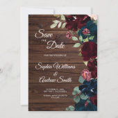 Elegant Burgundy & Navy Blumen Holz Save The Date (Vorderseite)