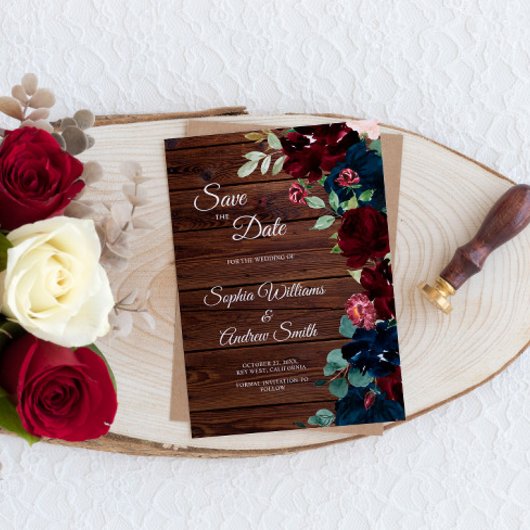 Elegant Burgundy & Navy Blumen Holz Save The Date