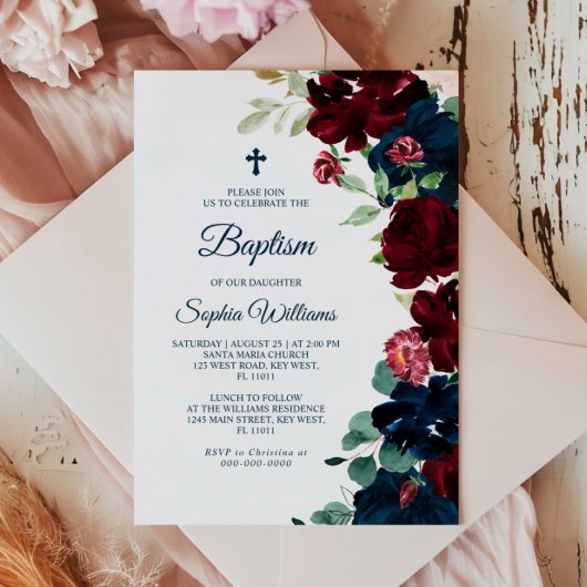 Elegant Burgundy & Navy Blumen Taufe Einladung