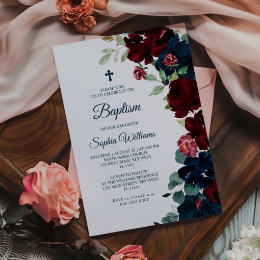Elegant Burgundy & Navy Blumen Taufe Einladung