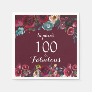 Elegant Burgundy Navy Floral 100. Geburtstagsparty Serviette