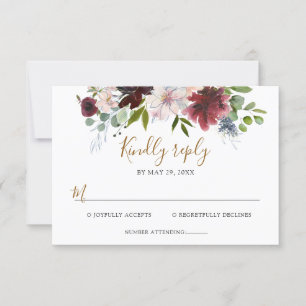 Elegant Burgundy Navy Floral with Greenerity Weddi RSVP Karte