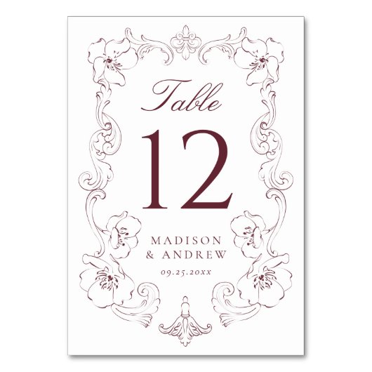 Elegant Burgundy Ornate Floral Frame Wedding Tischnummer (Vorderseite)