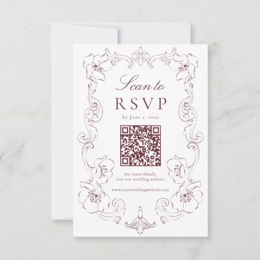 Elegant Burgundy Ornate Floral QR Code Wedding RSVP Karte (Vorderseite)