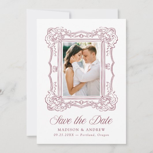 Elegant Burgundy Ornate Frame QR Code Wedding Save The Date (Vorderseite)