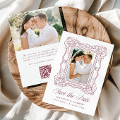 Elegant Burgundy Ornate Frame QR Code Wedding Save The Date