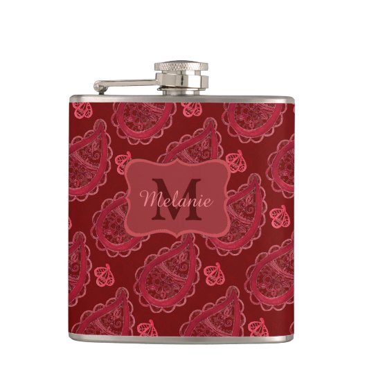 Elegant Burgundy Paisley Pattern Personalisiert Flachmann (Vorderseite)