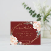 Elegant Burgundy Peach Gold Floral Save the Date Einladung (Stehend Vorderseite)