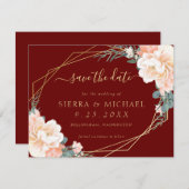 Elegant Burgundy Peach Gold Floral Save the Date Einladung (Vorne/Hinten)