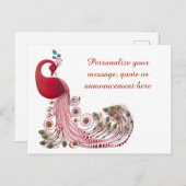 Elegant Burgundy Peacock & Feathers Personalisiert Ankündigungspostkarte (Vorne/Hinten)