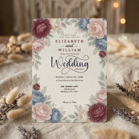 Elegant Burgundy Peonies Roses  QR Code Wedding Einladung