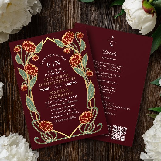 Elegant Burgundy Peony Art Nouveau QR Code Wedding Einladung