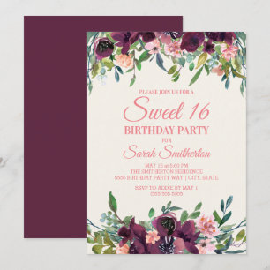 Elegant Burgundy Pink Aquarell Blumensüß 16 Einladung