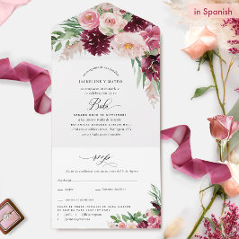 Elegant Burgundy Pink Blush Floral Wedding Spanisc All In One Einladung