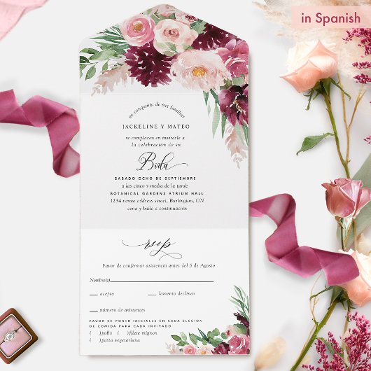 Elegant Burgundy Pink Blush Floral Wedding Spanisc All In One Einladung