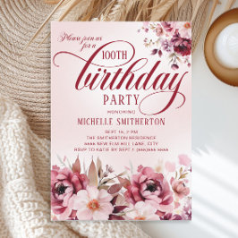 Elegant Burgundy Pink Floral 100. Geburtstag Einladung