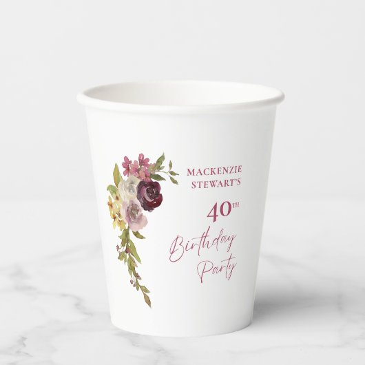 Elegant Burgundy Pink Floral 40. Geburtstag Pappbecher (Vorderseite)