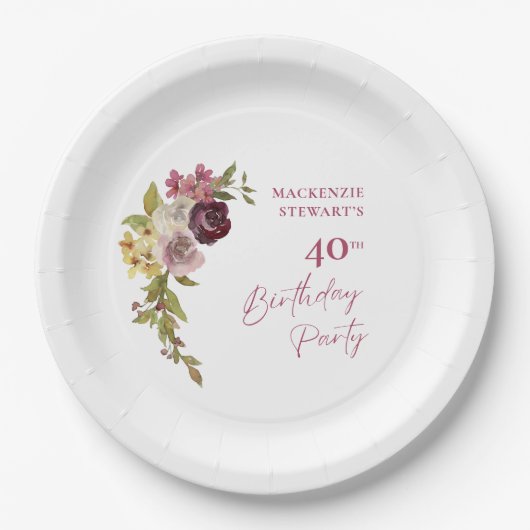 Elegant Burgundy Pink Floral 40. Geburtstag Pappteller (Vorderseite)