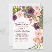 Elegant Burgundy Pink Floral Quinceañera Einladung (Vorderseite)